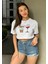 Kadın Gri Bisiklet Yaka Baskılı Oversize Crop T-Shirt 2