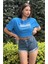 Kadın Mavi Bisiklet Yaka Baskılı Oversize Crop T-Shirt 2