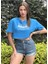 Kadın Mavi Bisiklet Yaka Baskılı Oversize Crop T-Shirt 3