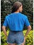 Kadın Mavi Bisiklet Yaka Baskılı Oversize Crop T-Shirt 5