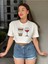 Kadın Beyaz Bisiklet Yaka Baskılı Oversize Crop T-Shirt 3