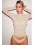 Bej Örme Basic Bisiklet Yaka Uzun Kollu Slim Fit Kadın Body T-Shirt 2