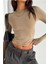 Bej Örme Basic Bisiklet Yaka Uzun Kollu Slim Fit Kadın Body T-Shirt 4
