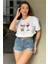 Kadın Gri Bisiklet Yaka Baskılı Oversize Crop T-Shirt 4