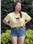 Kadın Sarı Bisiklet Yaka Baskılı Oversize Crop T-Shirt 2