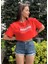 Kadın Kırmızı Bisiklet Yaka Baskılı Oversize Crop T-Shirt 1