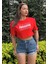 Kadın Kırmızı Bisiklet Yaka Baskılı Oversize Crop T-Shirt 3