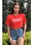 Kadın Kırmızı Bisiklet Yaka Baskılı Oversize Crop T-Shirt 4
