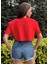 Kadın Kırmızı Bisiklet Yaka Baskılı Oversize Crop T-Shirt 5