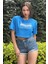Kadın Mavi Bisiklet Yaka Baskılı Oversize Crop T-Shirt 1