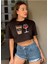 Kadın Siyah Bisiklet Yaka Baskılı Oversize Crop T-Shirt 2