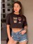 Kadın Siyah Bisiklet Yaka Baskılı Oversize Crop T-Shirt 3