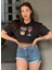 Kadın Siyah Bisiklet Yaka Baskılı Oversize Crop T-Shirt 5