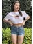Kadın Lila Bisiklet Yaka Baskılı Oversize Crop T-Shirt 1
