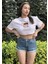 Kadın Lila Bisiklet Yaka Baskılı Oversize Crop T-Shirt 4