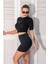 Süper Fitted Siyah Crop Top Etek Takım 3