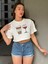 Kadın Beyaz Bisiklet Yaka Baskılı Oversize Crop T-Shirt 2