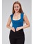 Petrol Mavi Astarlı Sıfır Kol Kare Yaka Dekolteli Çıtçıtlı Bodysuit 5