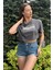 Kadın Antrasit Bisiklet Yaka Baskılı Oversize Crop T-Shirt 3