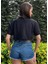 Kadın Siyah Bisiklet Yaka Baskılı Oversize Crop T-Shirt 5