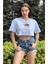 Kadın Mavi Bisiklet Yaka Baskılı Oversize Crop T-Shirt 1