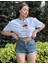 Kadın Mavi Bisiklet Yaka Baskılı Oversize Crop T-Shirt 2