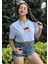 Kadın Mavi Bisiklet Yaka Baskılı Oversize Crop T-Shirt 4