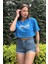 Kadın Mavi Bisiklet Yaka Baskılı Oversize Crop T-Shirt 4
