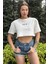 Kadın Beyaz Bisiklet Yaka Baskılı Oversize Crop T-Shirt 1