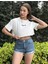 Kadın Beyaz Bisiklet Yaka Baskılı Oversize Crop T-Shirt 2