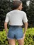Kadın Beyaz Bisiklet Yaka Baskılı Oversize Crop T-Shirt 5