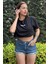 Kadın Siyah Bisiklet Yaka Baskılı Oversize Crop T-Shirt 1
