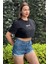 Kadın Siyah Bisiklet Yaka Baskılı Oversize Crop T-Shirt 3