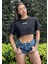 Kadın Siyah Bisiklet Yaka Baskılı Oversize Crop T-Shirt 4