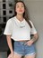 Kadın Beyaz Bisiklet Yaka Baskılı Oversize Crop T-Shirt 3