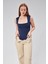 Lacivert Astarlı Sıfır Kol Kare Yaka Dekolteli Çıtçıtlı Bodysuit 3