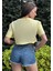 Kadın Sarı Bisiklet Yaka Baskılı Oversize Crop T-Shirt 5