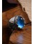Blue Topaz Aqua Marin Taşlı Yanı Işlemeli Erkek Gümüş Yüzük 2