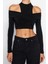 Kadın Moda Şık Üst Giyim Crop Dik Yaka Fitted Kalıp Örme Pencere Cut Out Detaylı Bluz 1