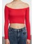 Kadın Şık Super Crop Carmen Yaka Düşük Kol Slim Kalıp Örme Fitted Vücuda Oturan Fitilli Esnek Bluz 1