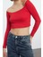 Kadın Şık Super Crop Carmen Yaka Düşük Kol Slim Kalıp Örme Fitted Vücuda Oturan Fitilli Esnek Bluz 2