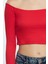 Kadın Şık Super Crop Carmen Yaka Düşük Kol Slim Kalıp Örme Fitted Vücuda Oturan Fitilli Esnek Bluz 4