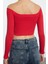 Kadın Şık Super Crop Carmen Yaka Düşük Kol Slim Kalıp Örme Fitted Vücuda Oturan Fitilli Esnek Bluz 5