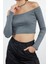 Kadın Şık Super Crop Carmen Yaka Düşük Kol Slim Kalıp Örme Fitted Vücuda Oturan Fitilli Esnek Bluz 2