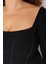 Kadın Moda Şık Büyük Beden Crop Kare Yaka Fitted Kalıp Örme Fittilli Biye Detaylı Bluz 3