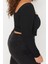 Kadın Moda Şık Büyük Beden Crop Kare Yaka Fitted Kalıp Örme Fittilli Biye Detaylı Bluz 4