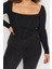 Kadın Moda Şık Büyük Beden Crop Kare Yaka Fitted Kalıp Örme Fittilli Biye Detaylı Bluz 5