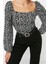 Kadın Crop Balon Kol Regular Kalıp Örme Çiçek Desenli Fitted Vücuda Oturan Bürümcük Dokulu Bluz 3