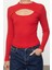 Kadın Moda Şık Crop Bisiklet Yaka Slim Kalıp Örme Cut Out Pencere Detaylı Fitilli Esnek Bluz 1