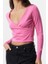 Kadın Moda Şık Crop Kruvaze Yaka Slim Kalıp Örme Derin Yaka Dantel Detaylı Kol Pamuklu Esnek Bluz 3